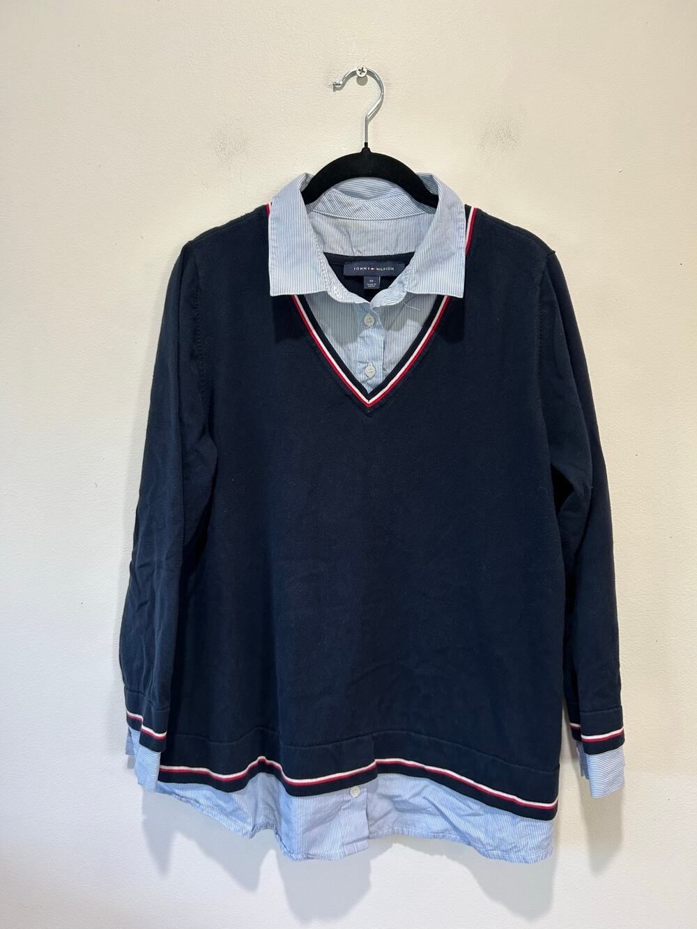 Tommy Hilfiger vintage y2k sweater womens L "built in" shirt blue preppy work